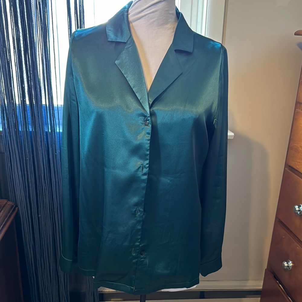 Emerald Green Satin Button-Up Shirt size M